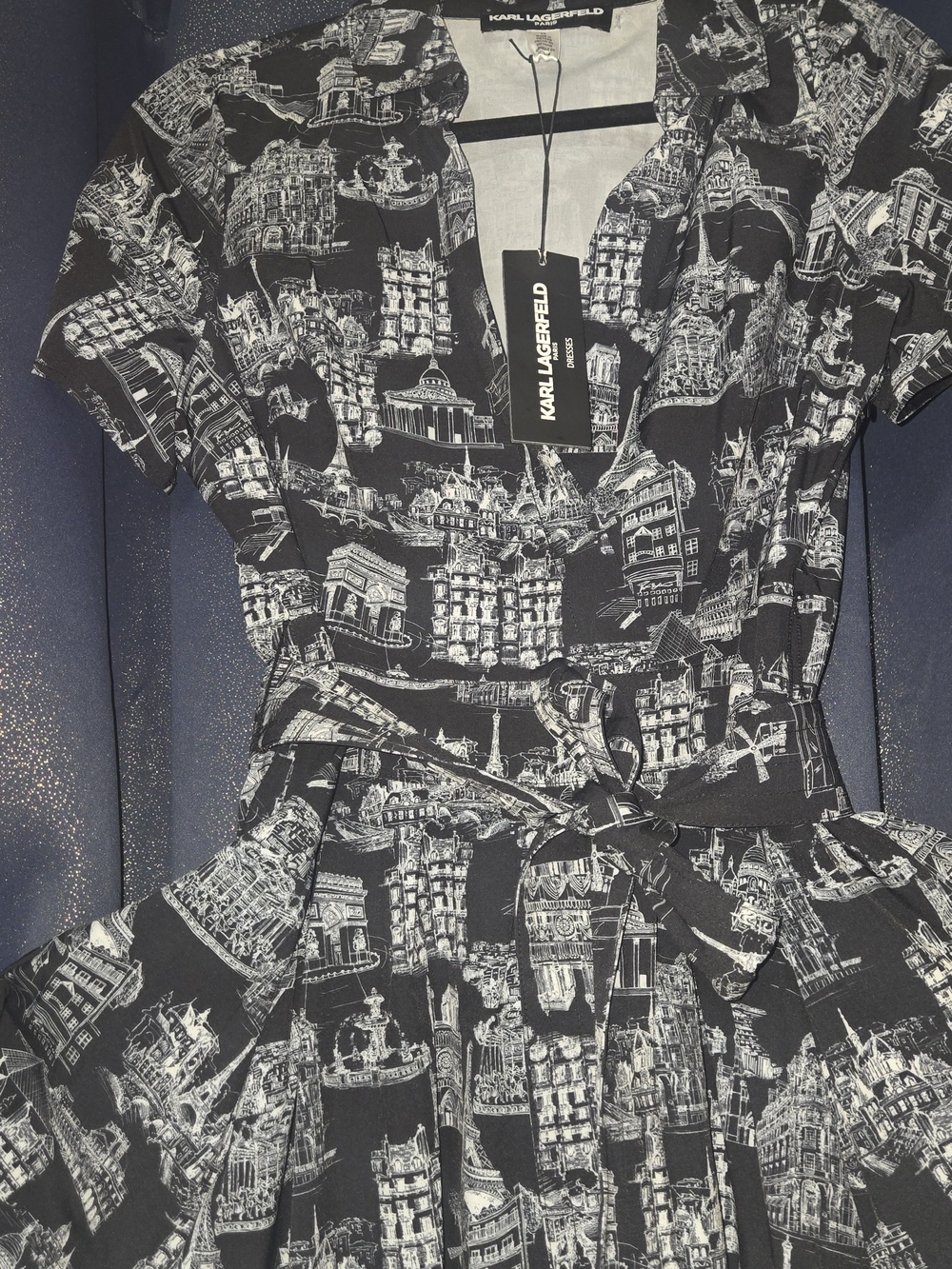 Karl Lagerfeld Black & White Architectural Print Fit-and-Flare Dress - Picture 3 of 7